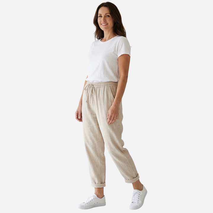 Lightweight Linen Pants Relaxed Casual Trousers with Drawstring for Women