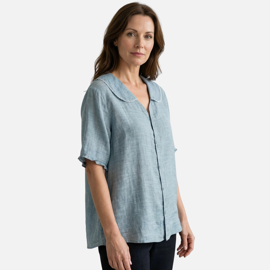 Leichte Sommer Leinenbluse – Lockere Passform mit Muschelkragen für Damen
