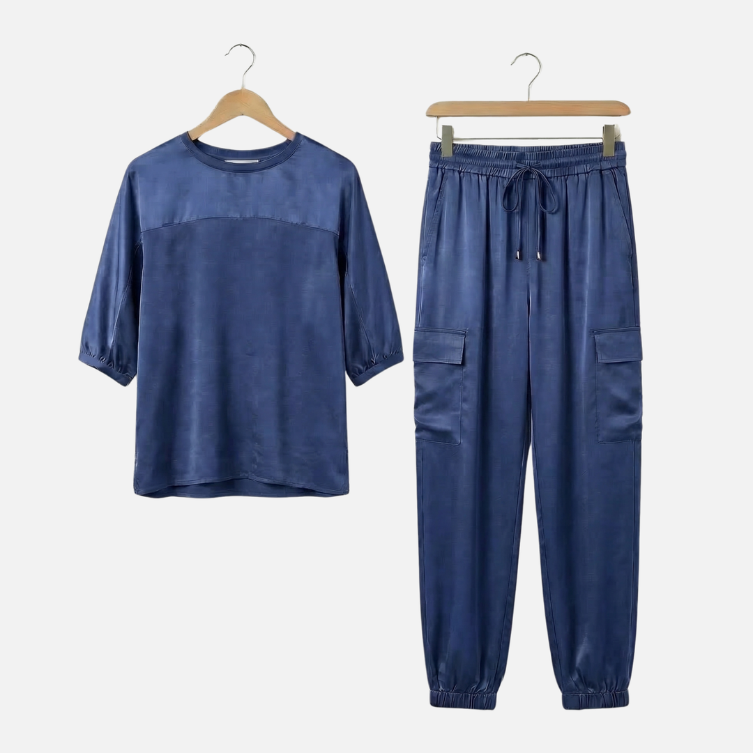 Leichtes Satin Set – Lockere Kurzarmbluse und Hose für Damen