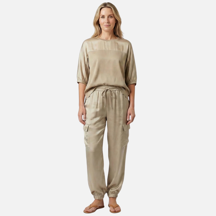 Light Satin Set – Loose Short Sleeve Blouse and Pants for Women