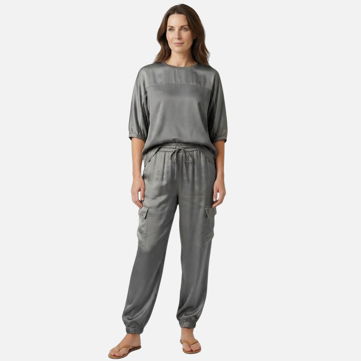 Light Satin Set – Loose Short Sleeve Blouse and Pants for Women