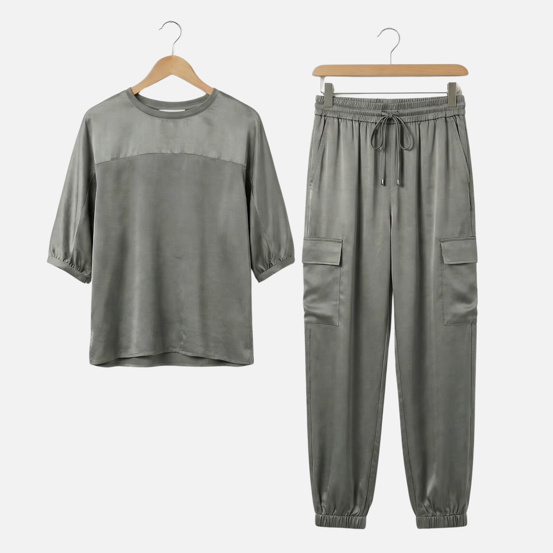 Leichtes Satin Set – Lockere Kurzarmbluse und Hose für Damen