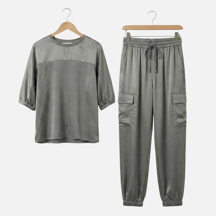 Light Satin Set – Loose Short Sleeve Blouse and Pants for Women