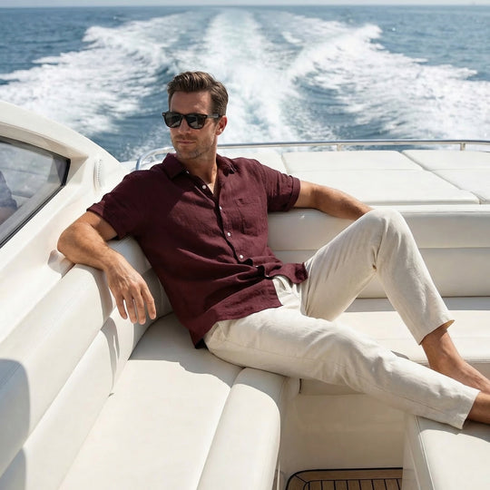 Leichtes, lässiges Leinen-Set für Herren mit Knopfleiste und Taschen