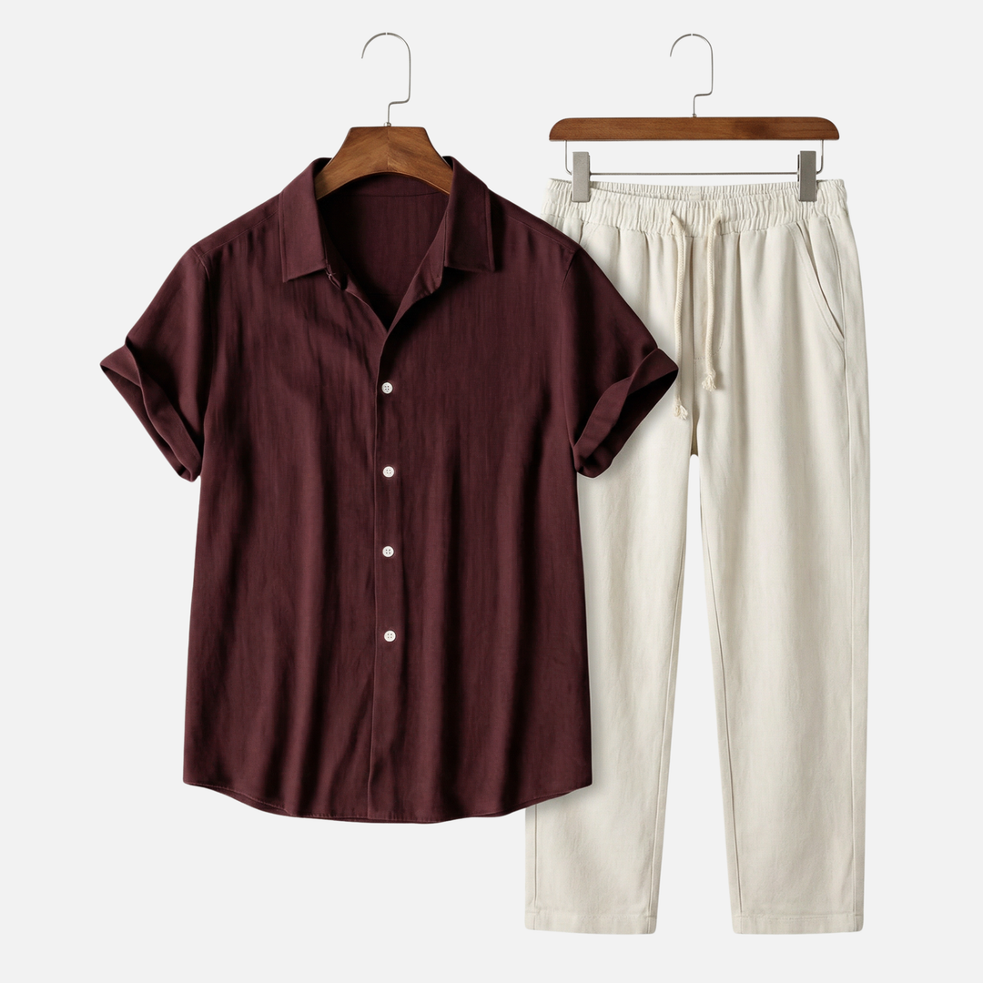 Leichtes, lässiges Leinen-Set für Herren mit Knopfleiste und Taschen
