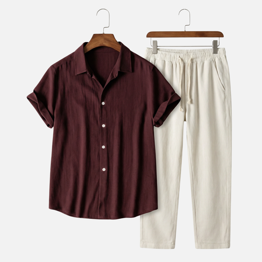Leichtes, lässiges Leinen-Set für Herren mit Knopfleiste und Taschen
