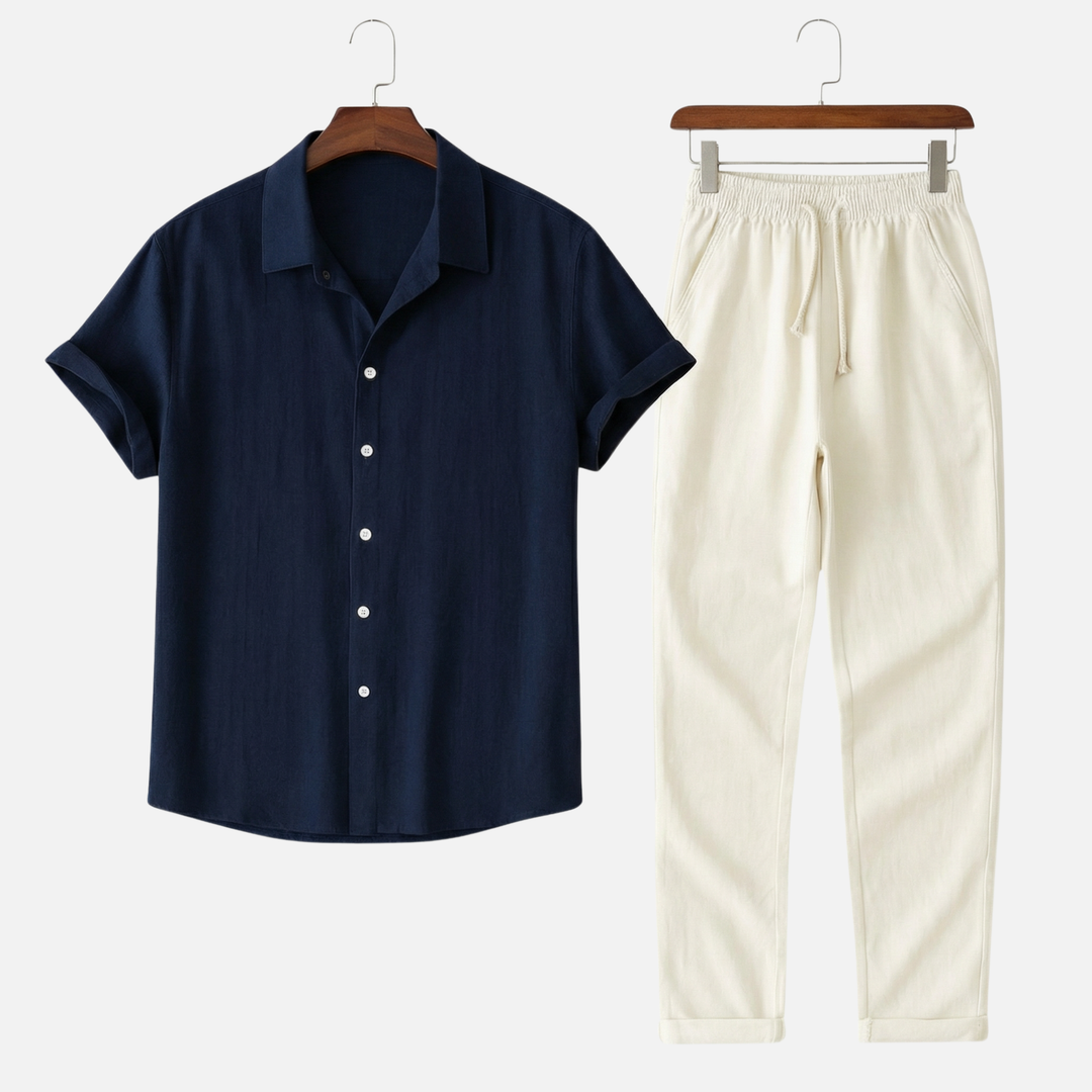 Leichtes, lässiges Leinen-Set für Herren mit Knopfleiste und Taschen