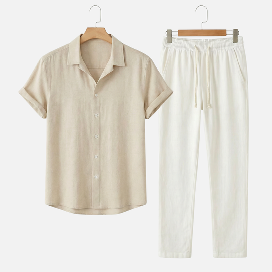 Leichtes, lässiges Leinen-Set für Herren mit Knopfleiste und Taschen