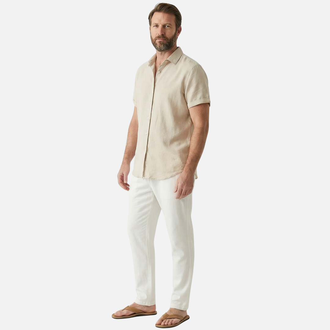 Leichtes, lässiges Leinen-Set für Herren mit Knopfleiste und Taschen