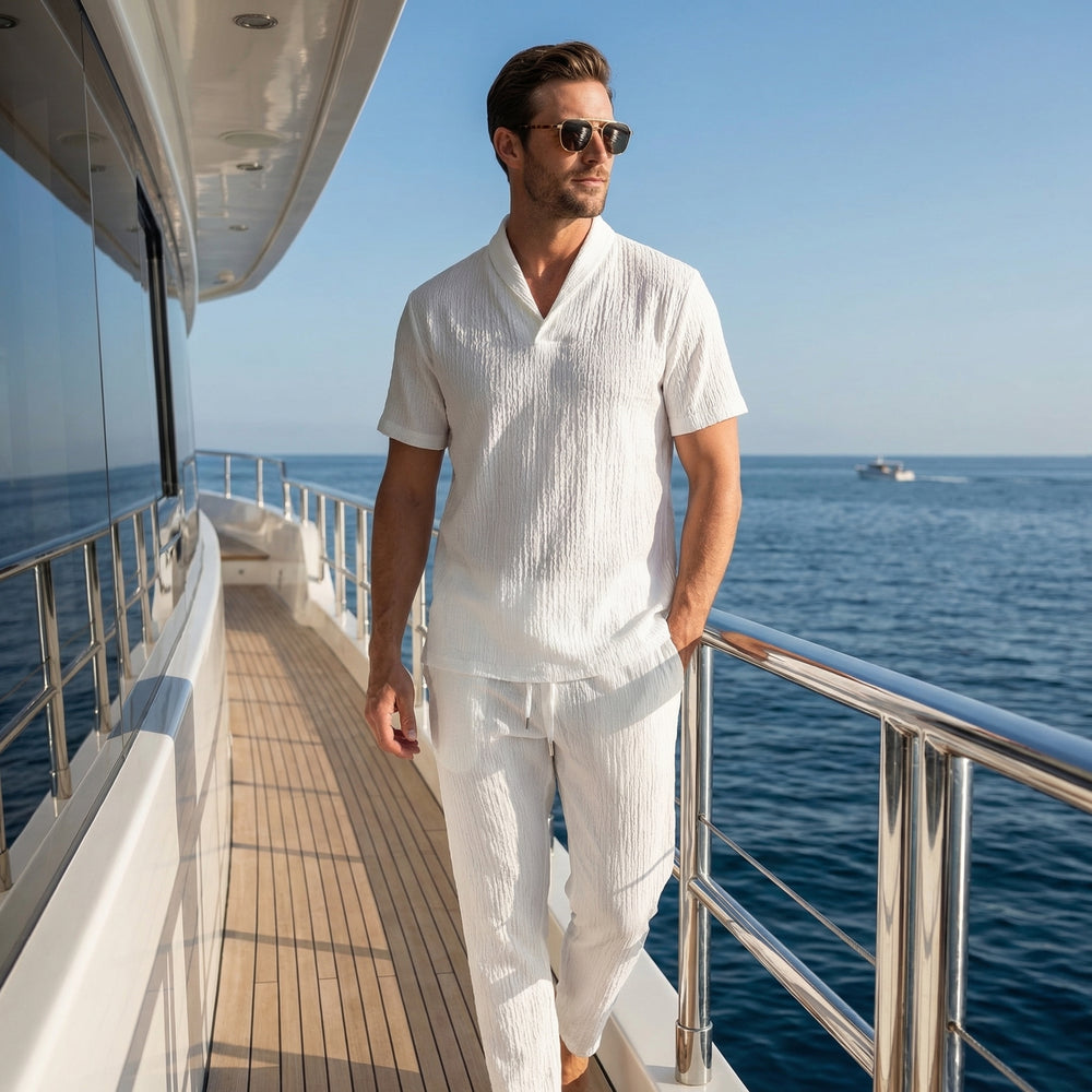 Leinen Shirt mit Kurzarm und lockerer Hose für Männer