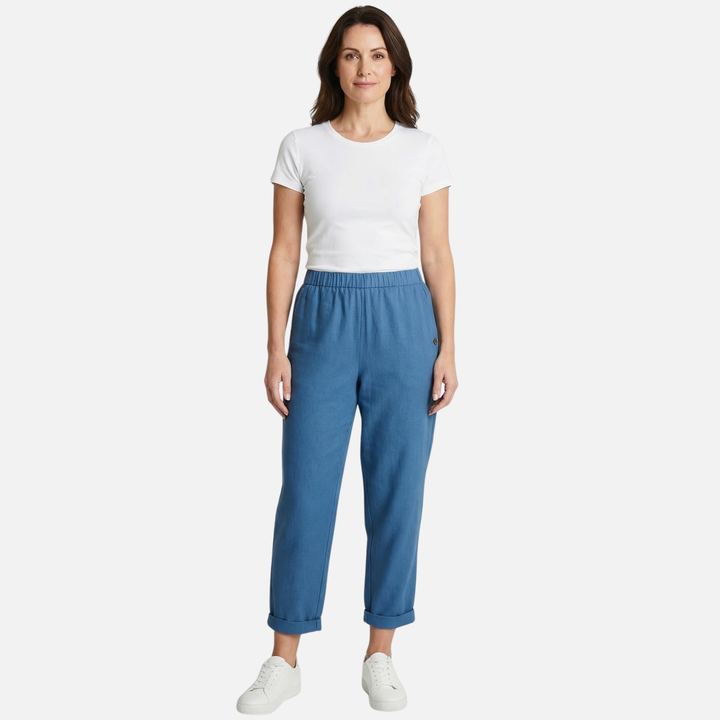 Summer linen-cotton pants with elastic waistband for women