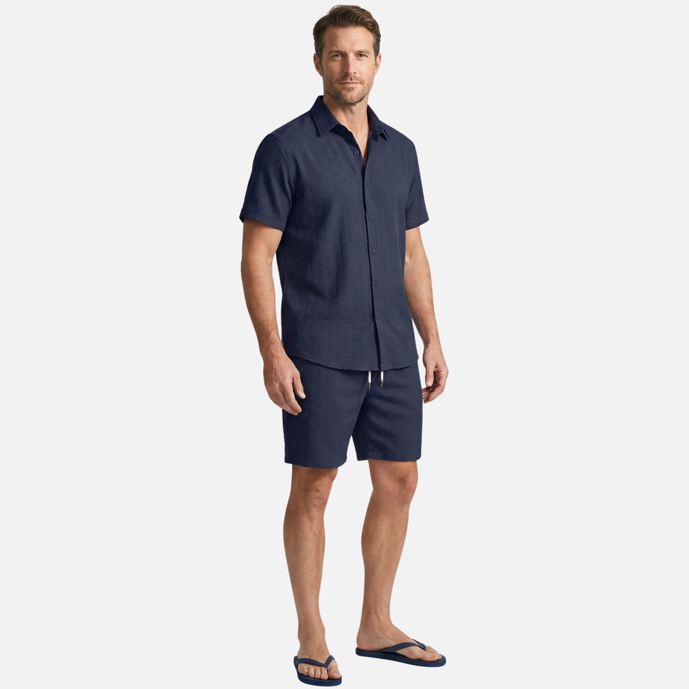 Texturiertes Baumwoll-Sommer-Set – Lockeres Hemd & Shorts mit Kordelzug für Herren