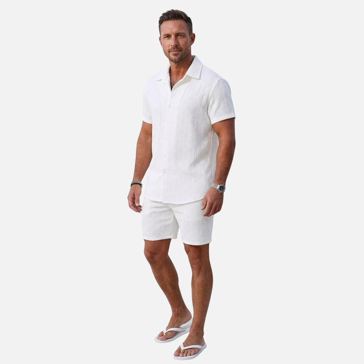 Texturiertes Baumwoll-Sommer-Set – Lockeres Hemd & Shorts mit Kordelzug für Herren