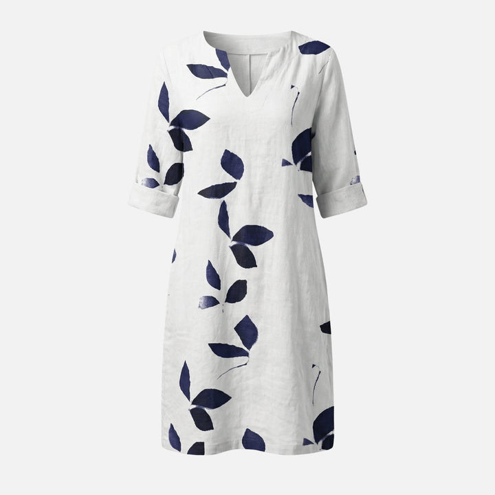 Midi Dress with V-Neck, 3/4 Sleeves, and Leaf Pattern for Women