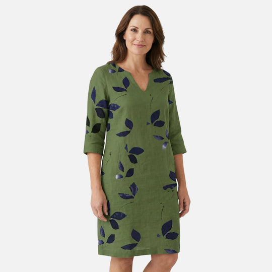 Midikleid mit V-Ausschnitt, 3/4-Ärmeln und Blättermuster für Damen