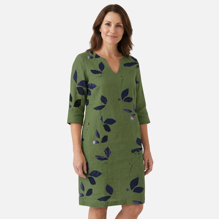 Midi Dress with V-Neck, 3/4 Sleeves, and Leaf Pattern for Women