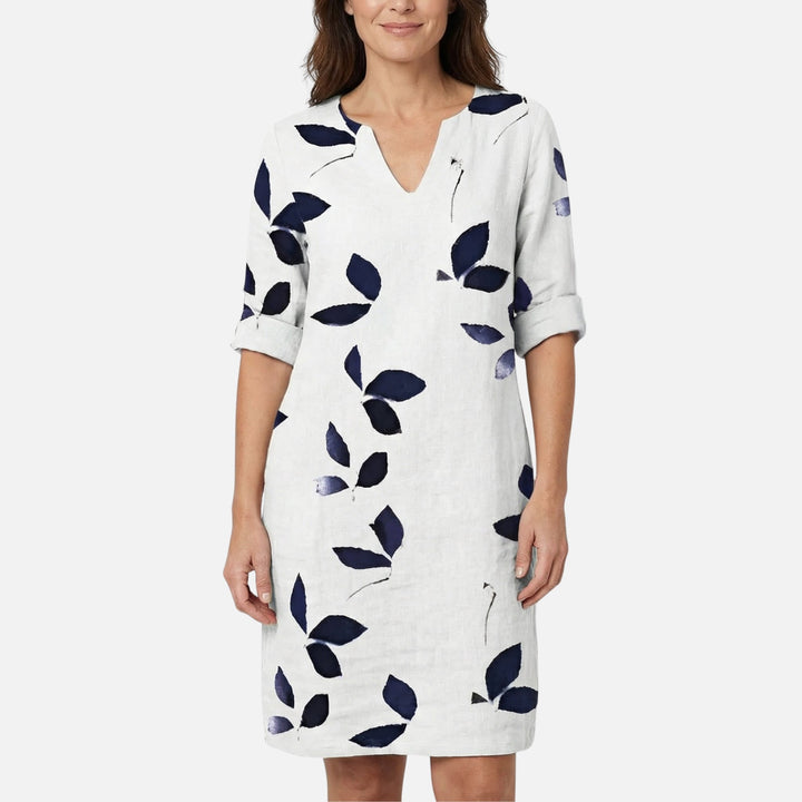 Midi Dress with V-Neck, 3/4 Sleeves, and Leaf Pattern for Women
