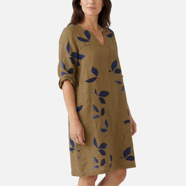 Midi Dress with V-Neck, 3/4 Sleeves, and Leaf Pattern for Women