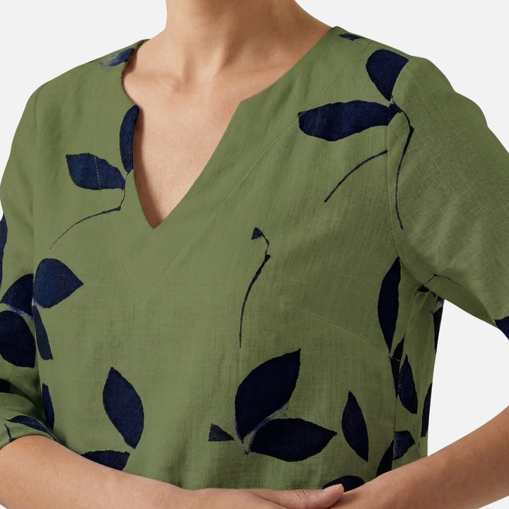 Midi Dress with V-Neck, 3/4 Sleeves, and Leaf Pattern for Women