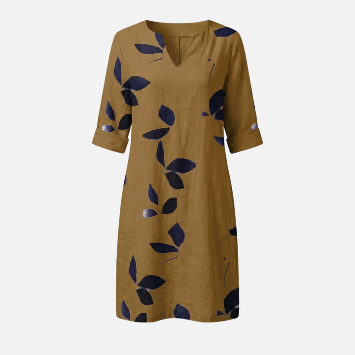 Midi Dress with V-Neck, 3/4 Sleeves, and Leaf Pattern for Women