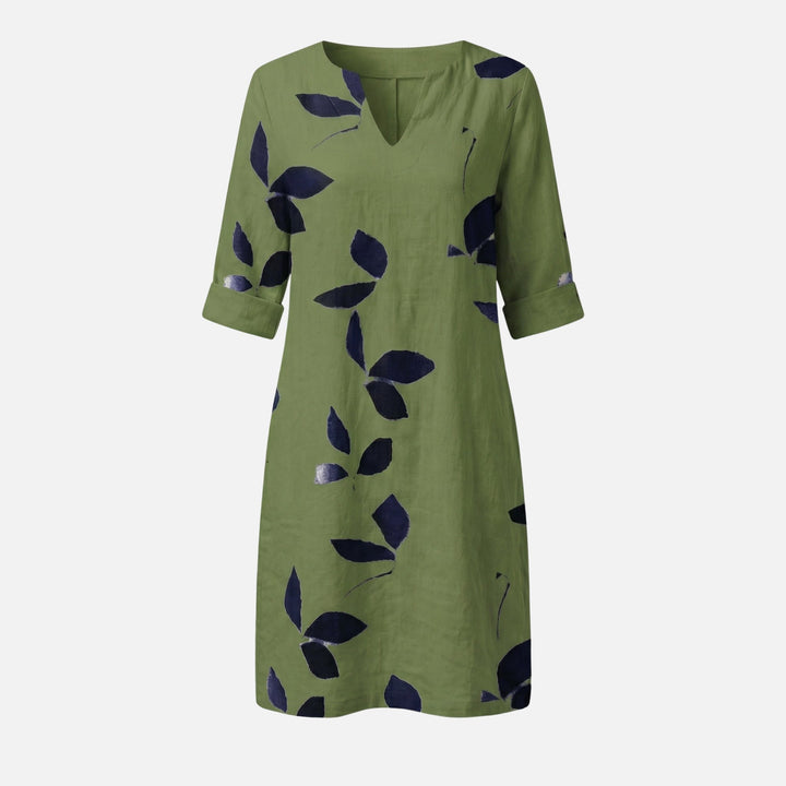 Midi Dress with V-Neck, 3/4 Sleeves, and Leaf Pattern for Women