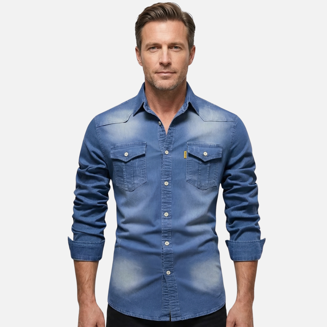 Moderne Denim Hemd Langarm Baumwollhemd mit Brusttaschen für Herren