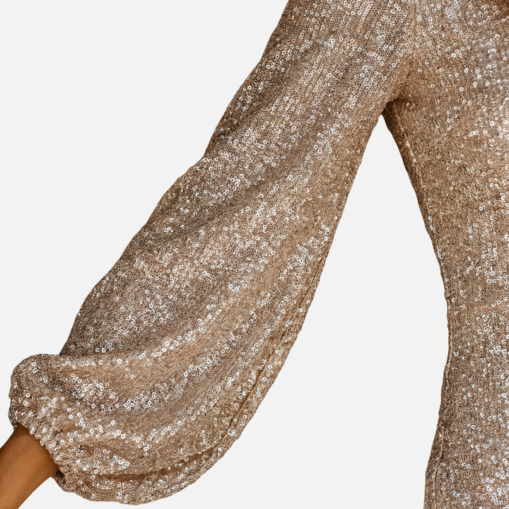 Sequin evening mini dress – long-sleeve V-neck style for women
