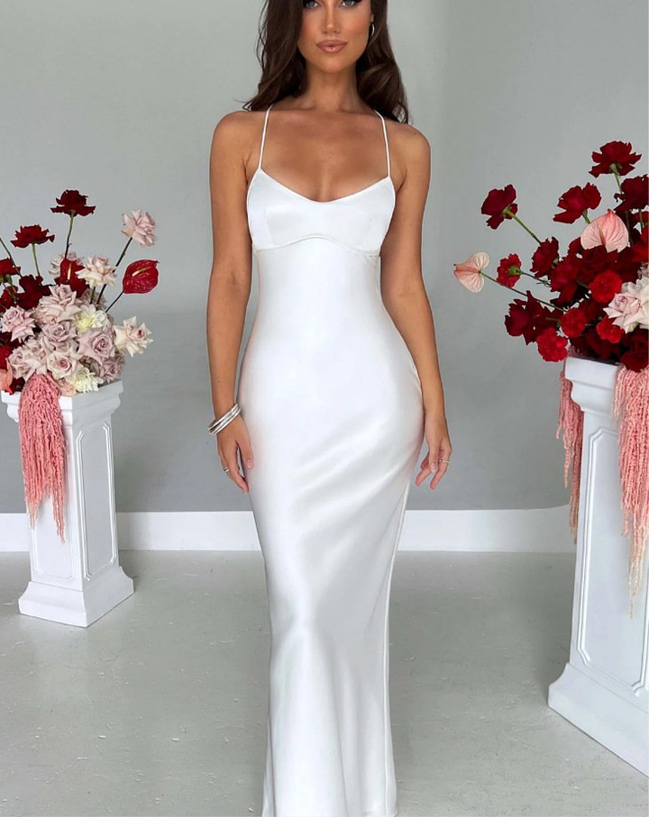 Satin Slip Maxikleid mit Kreuztraegern fuer Damen 10