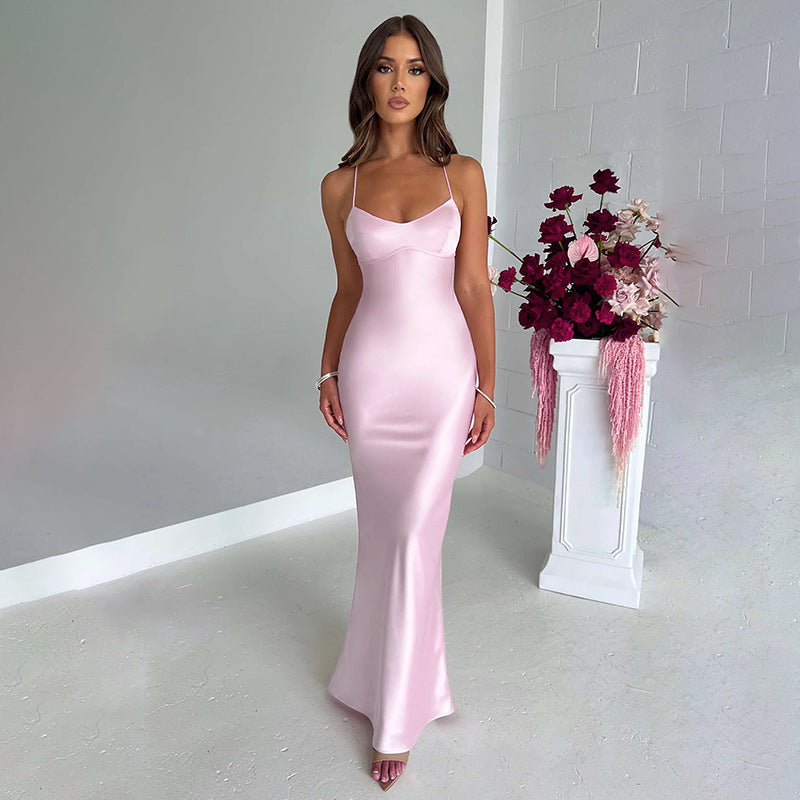 Satin Slip Maxikleid mit Kreuztraegern fuer Damen 2
