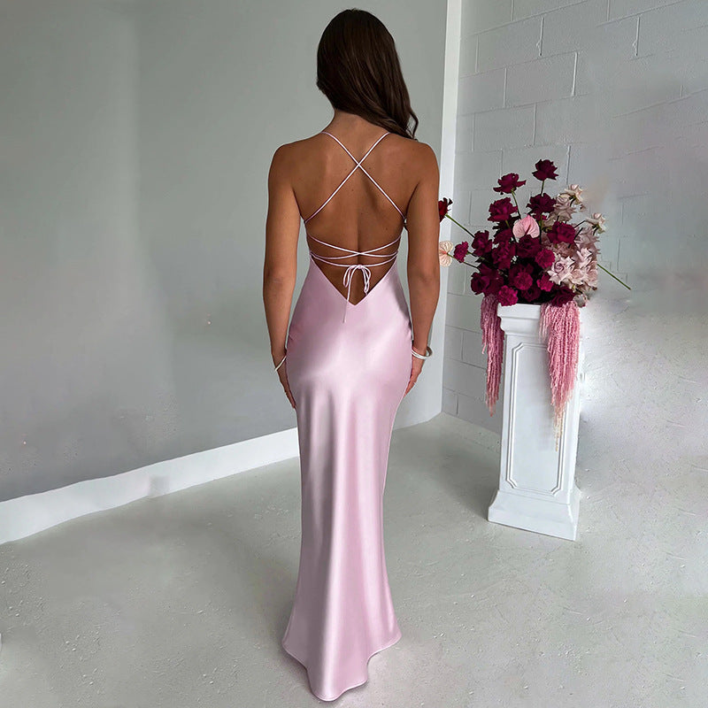 Satin Slip Maxikleid mit Kreuztraegern fuer Damen 7