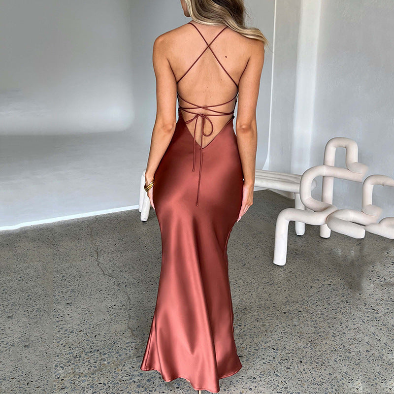 Satin Slip Maxikleid mit Kreuztraegern fuer Damen 9