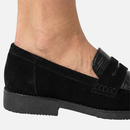 Schwarze Kroko Optik Loafer mit schmalem Schnitt für Damen