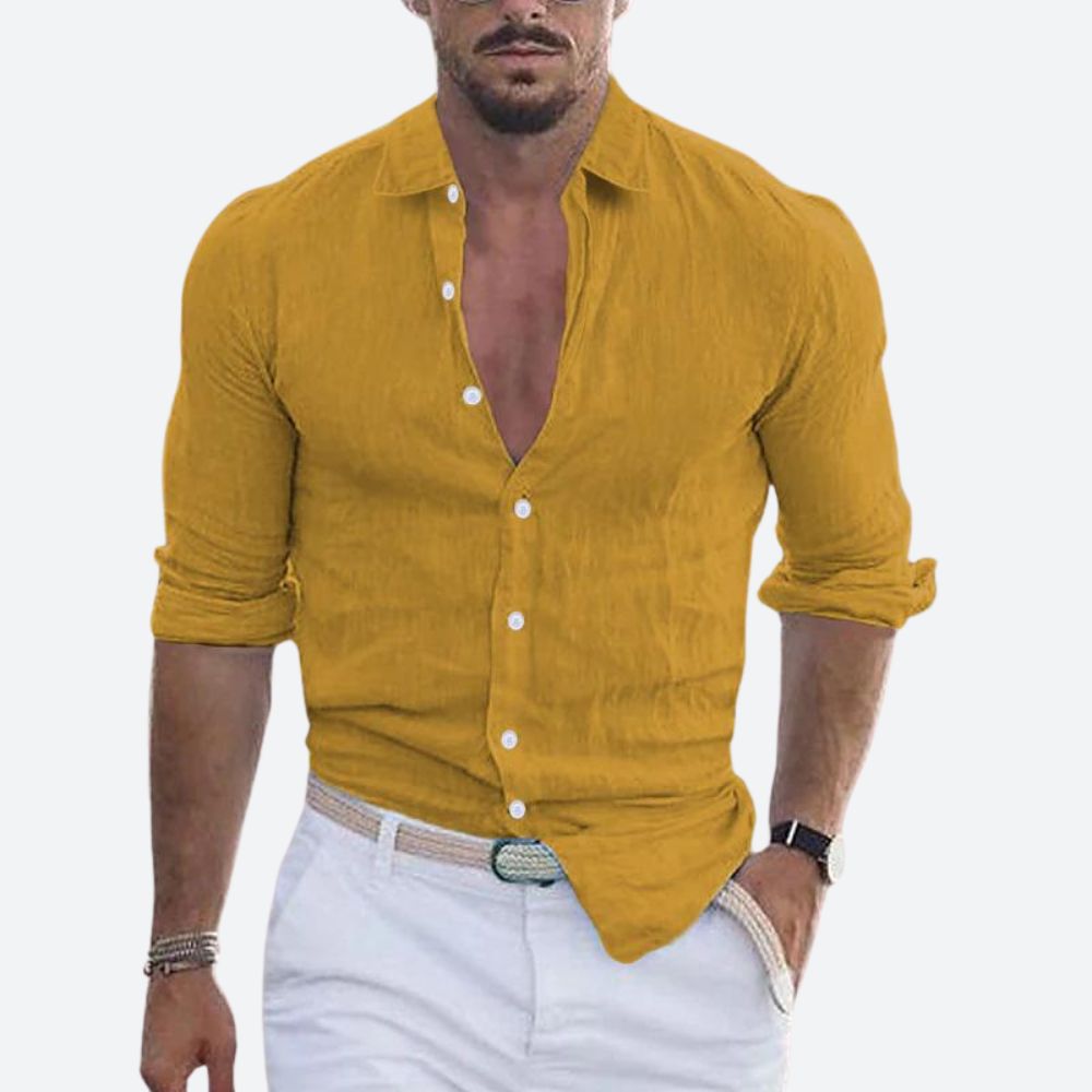 Slim Fit Sommer Leinenhemd mit offenem Kragen fuer Herren 2