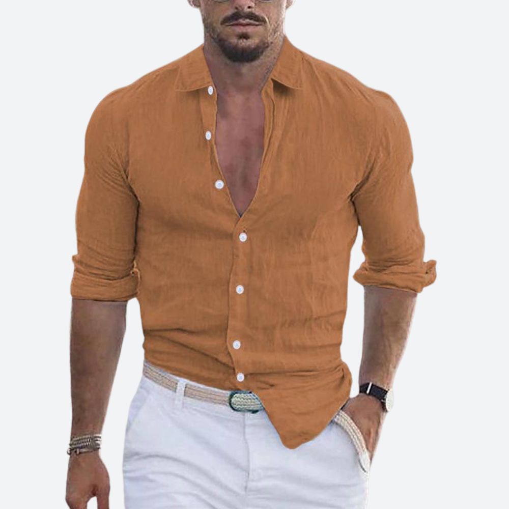 Slim Fit Sommer Leinenhemd mit offenem Kragen fuer Herren 3