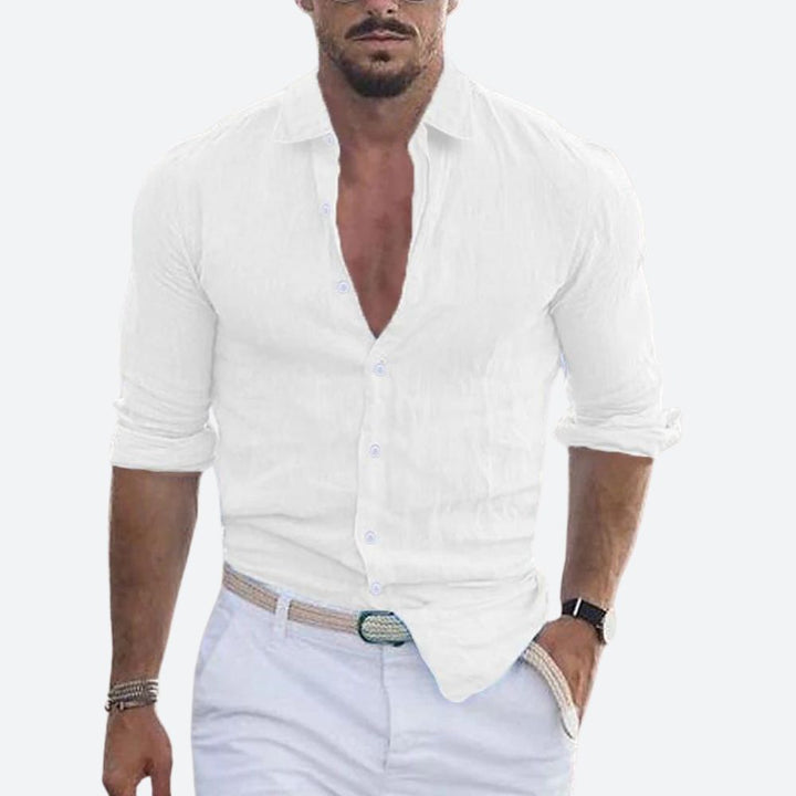 Slim Fit Sommer Leinenhemd mit offenem Kragen fuer Herren 5