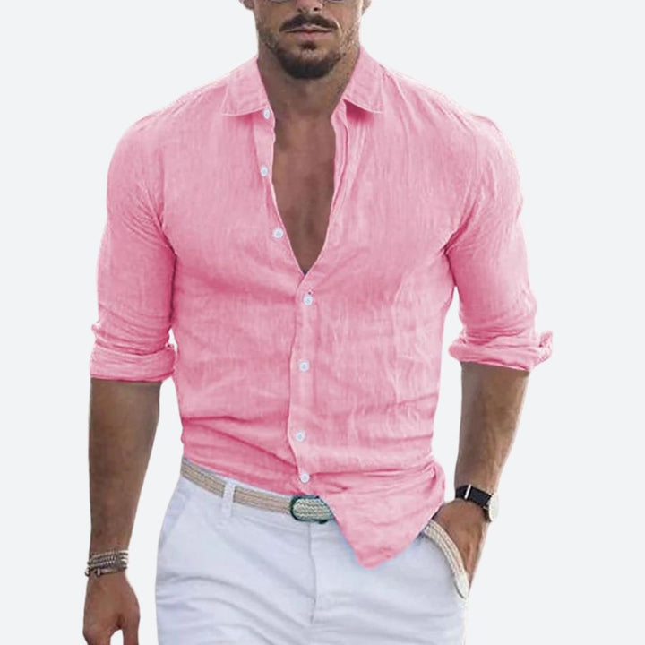 Slim Fit Sommer Leinenhemd mit offenem Kragen fuer Herren 7