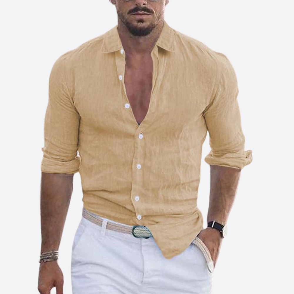 Slim Fit Sommer Leinenhemd mit offenem Kragen fuer Herren 8