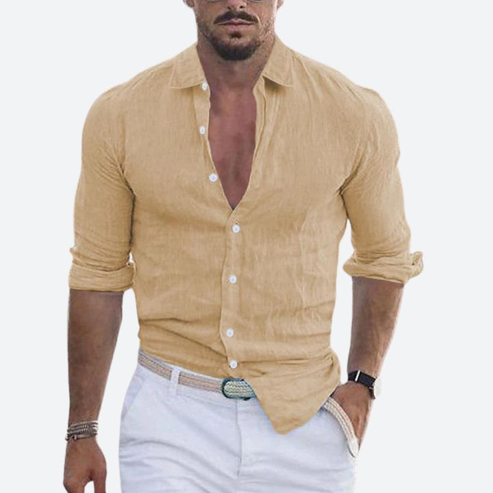 Slim Fit Sommer Leinenhemd mit offenem Kragen fuer Herren 8