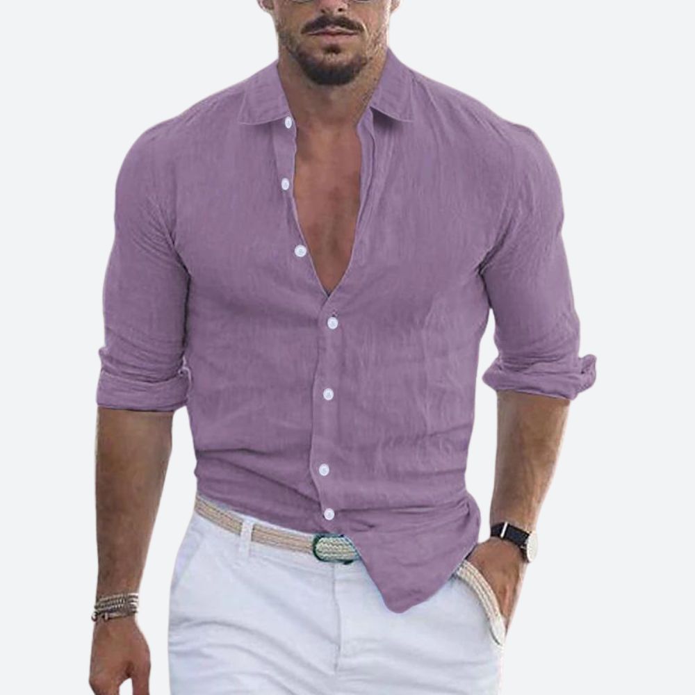 Slim Fit Sommer Leinenhemd mit offenem Kragen fuer Herren 9