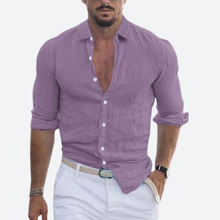 Slim Fit Sommer Leinenhemd mit offenem Kragen fuer Herren 9