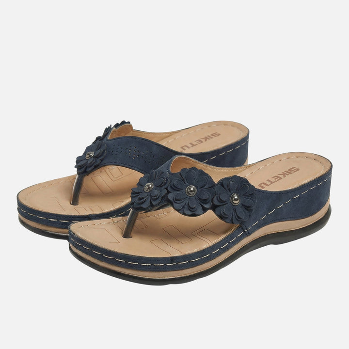 Suede Wedge Flip Flops with Floral Pattern for Women