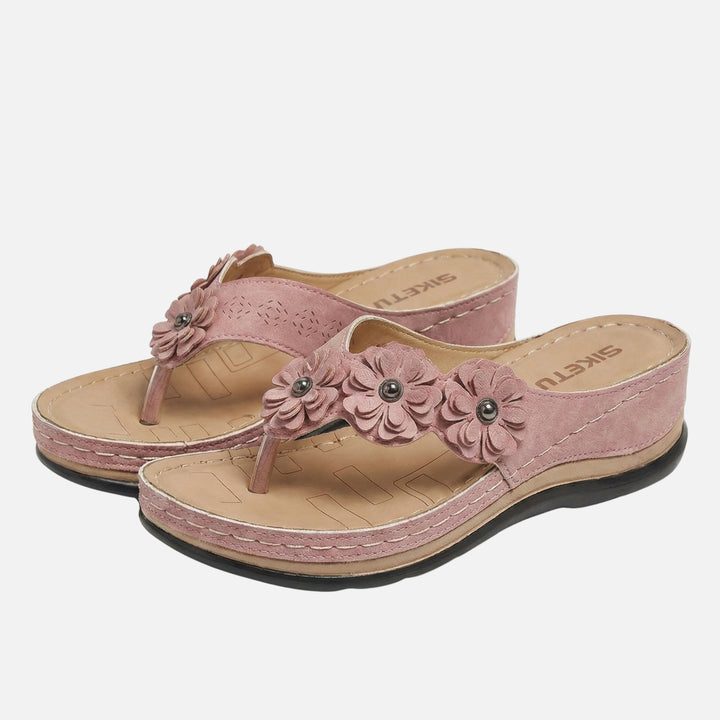 Suede Wedge Flip Flops with Floral Pattern for Women