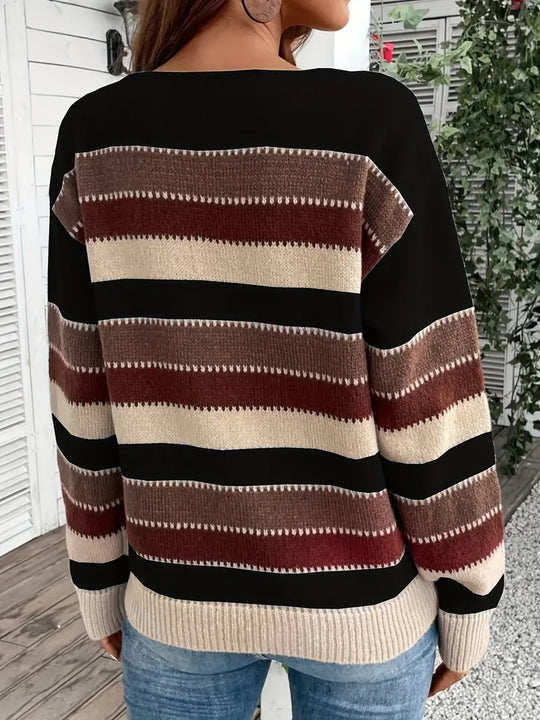 Damen Gestreifter Pullover | Rundhals-Strickpullover für Freizeit