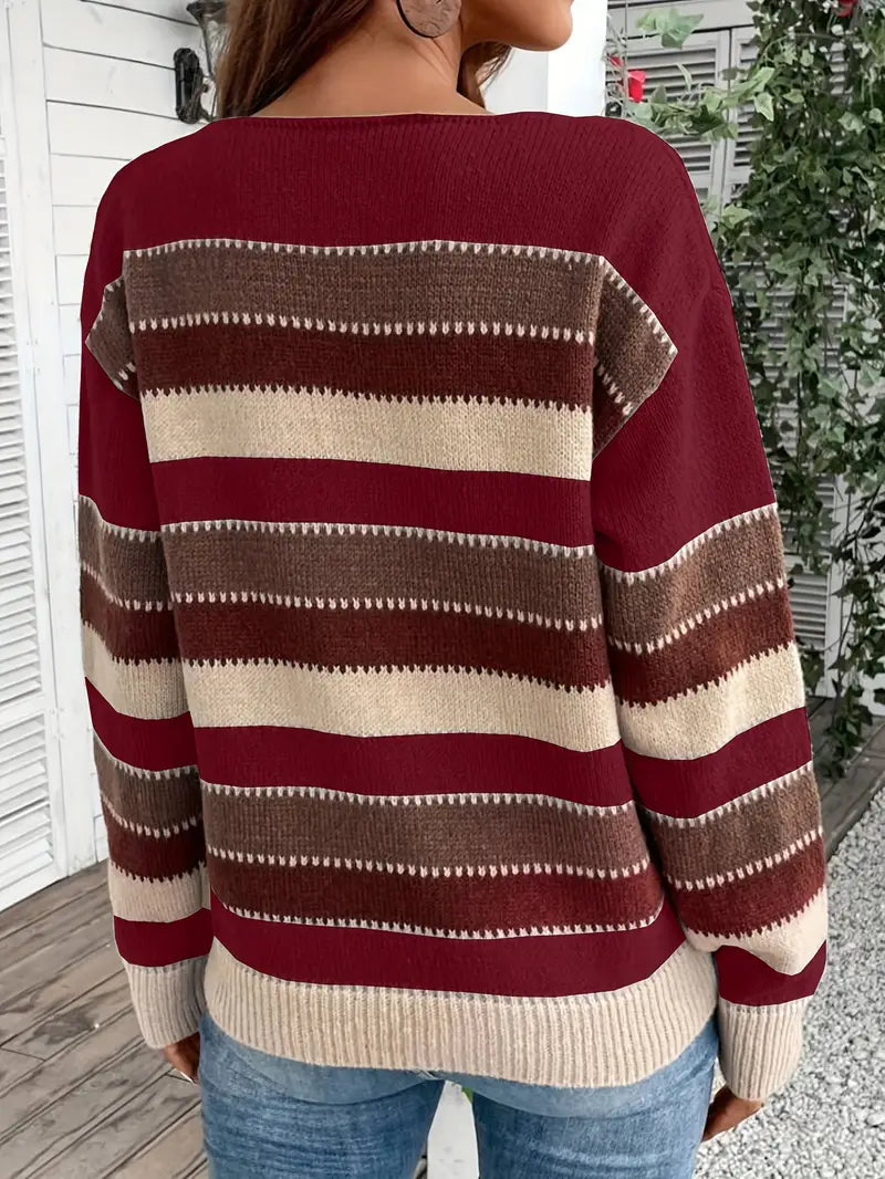 Damen Gestreifter Pullover | Rundhals-Strickpullover für Freizeit