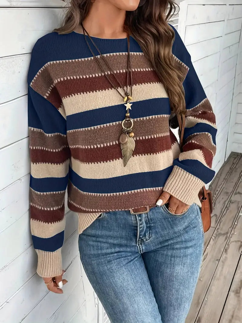 Damen Gestreifter Pullover | Rundhals-Strickpullover für Freizeit