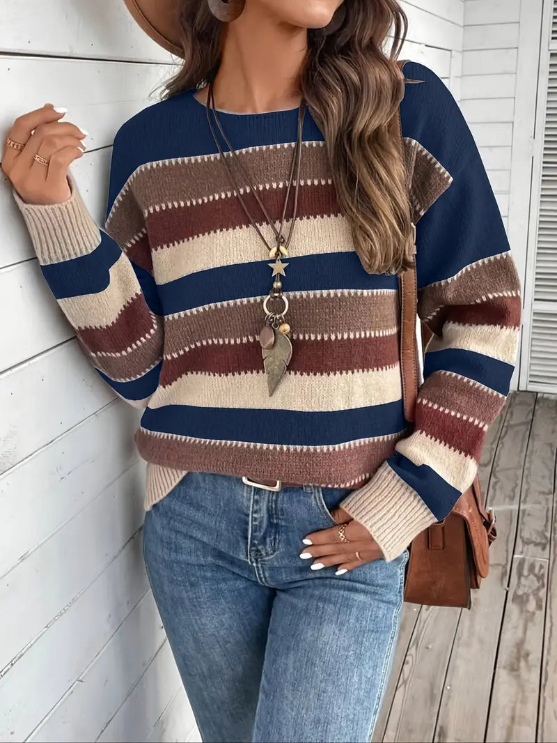 Damen Gestreifter Pullover | Rundhals-Strickpullover für Freizeit