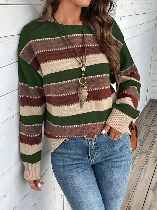 Damen Gestreifter Pullover | Rundhals-Strickpullover für Freizeit
