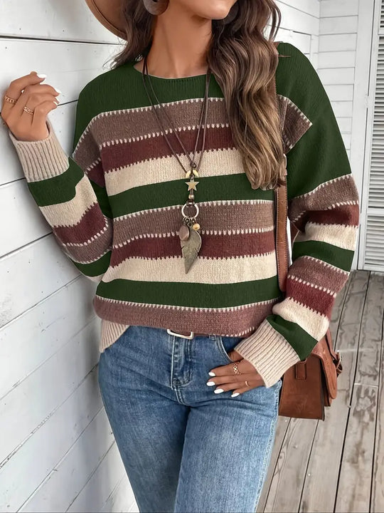 Damen Gestreifter Pullover | Rundhals-Strickpullover für Freizeit