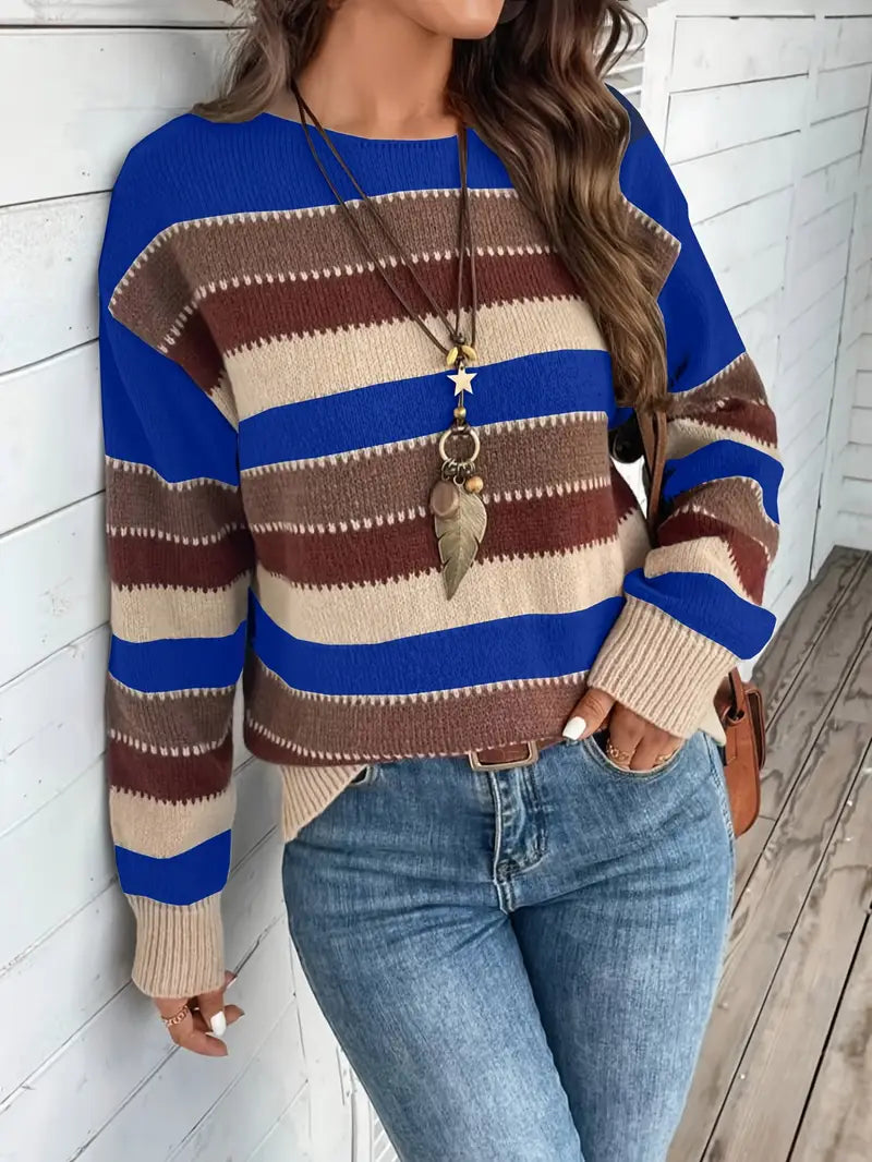 Damen Gestreifter Pullover | Rundhals-Strickpullover für Freizeit