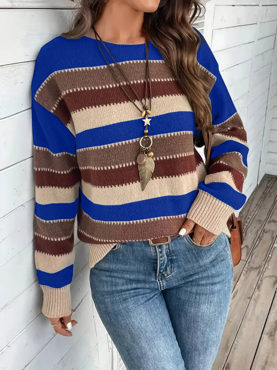 Damen Gestreifter Pullover | Rundhals-Strickpullover für Freizeit